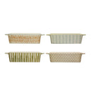 A set of four hand-stamped stoneware bakers in different colors with geometric patterns.