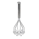 A stainless steel potato masher on a white background.