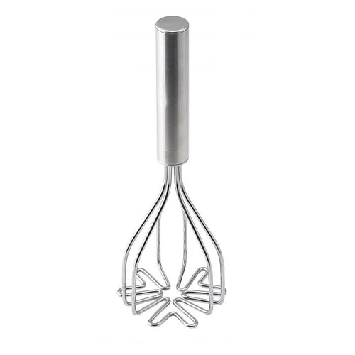 A stainless steel potato masher on a white background.