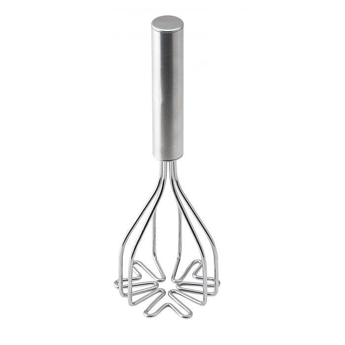 A stainless steel potato masher on a white background.