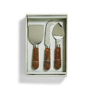 Set of 3 stainless steel cheese knives with mango wood bark handles, presented in a gift box with a white interior.