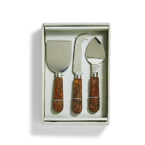 Set of 3 stainless steel cheese knives with mango wood bark handles, presented in a gift box with a white interior.