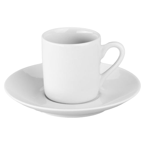 A white ceramic cup with a saucer.