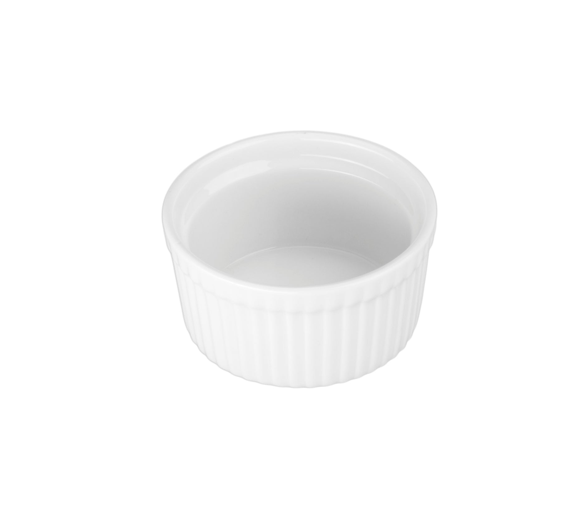 A white ceramic ramekin with vertical ridges.