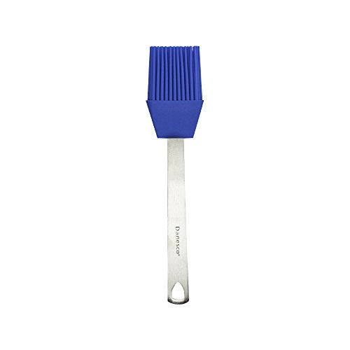 A mini basting brush with a stainless steel handle and blue silicone bristles.