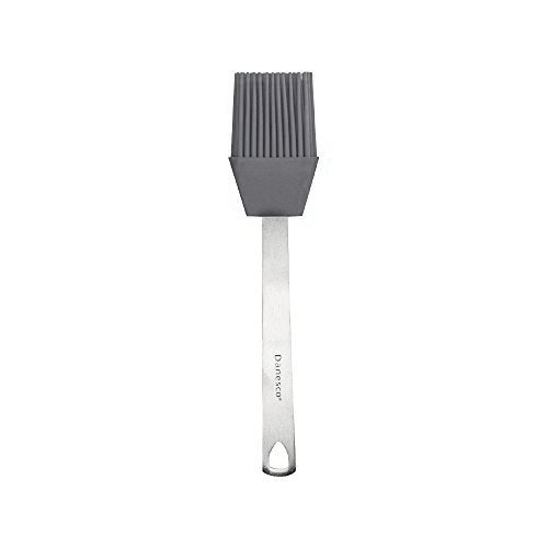 A mini basting brush with a stainless steel handle and gray silicone bristles on a white background.