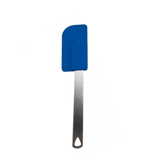 A blue mini spatula with stainless steel handle on a white background.