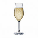 A single champagne flute glass filled with sparkling wine.