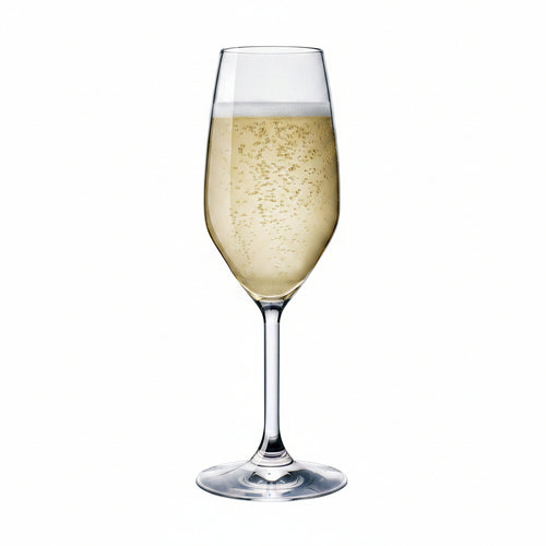 A single champagne flute glass filled with sparkling wine.