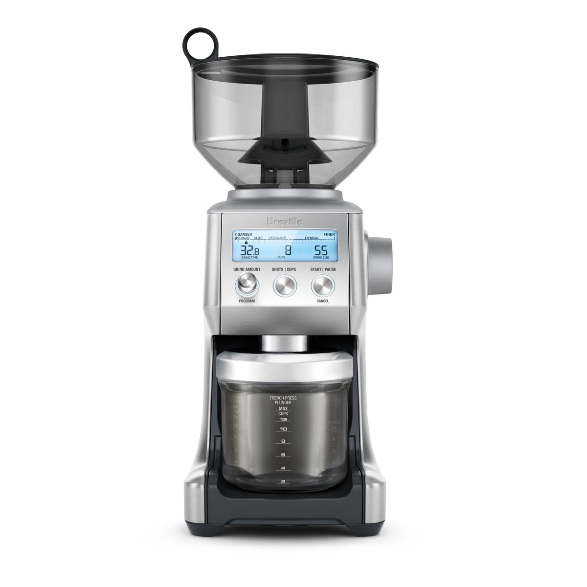 A Breville Smart Grinder Pro with a digital display, stainless steel body, and a clear grinding container.