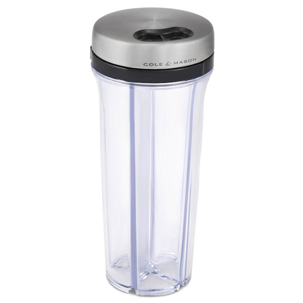 A transparent Cole & Mason Saunderton herb spice and sprinkles storage shaker with a stainless steel lid.