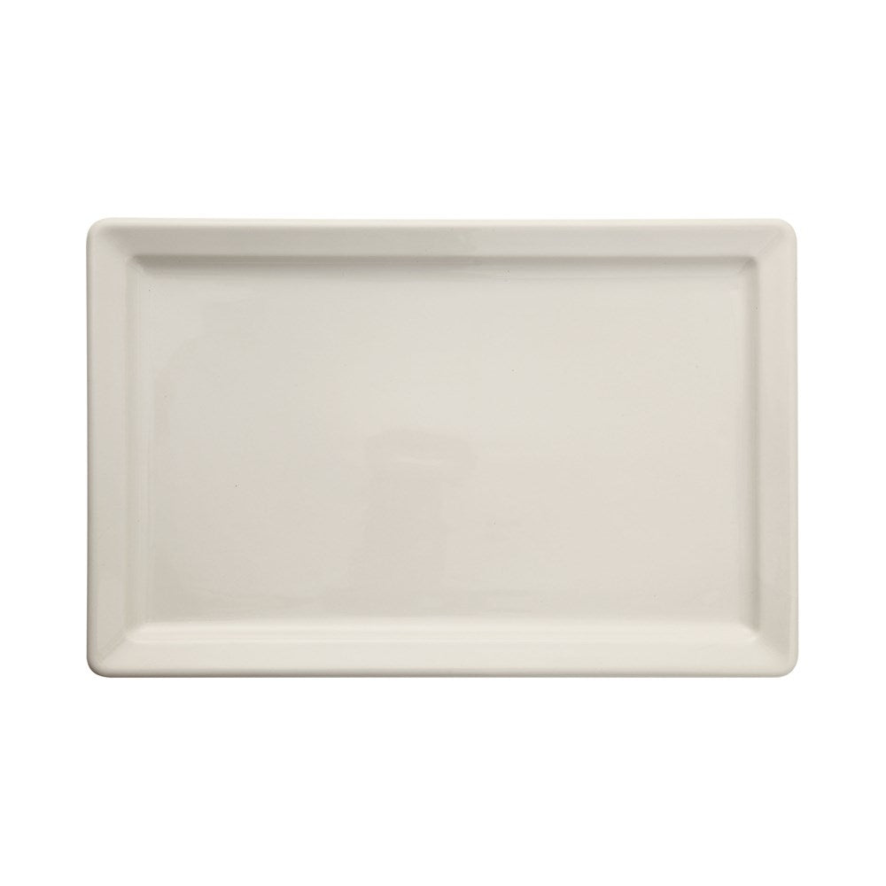 A rectangular, white ceramic serving platter.
