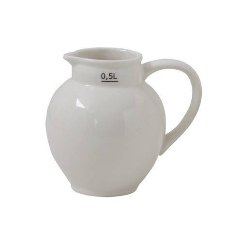 A white, half liter stoneware pitcher with a handle and spout, labeled with the capacity '0.5L'.