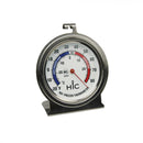 A silver refrigerator/freezer thermometer with a dial showing temperature ranges in both Fahrenheit and Celsius, and a stainless steel casing.