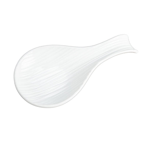 A white porcelain spoonrest with a smooth finish and a simple curved design.