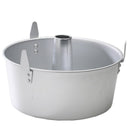 A silver aluminum angel food pan with a removable bottom insert and raised feet.