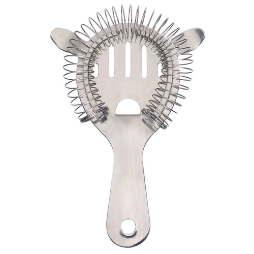 A stainless steel cocktail strainer on a white background.