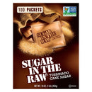 Packaging for Raw Sugar In The Raw Turbinado Cane Sugar, with a picture of raw sugar crystals and a box that indicates 100 packets, non-GMO verified, and gluten-free.