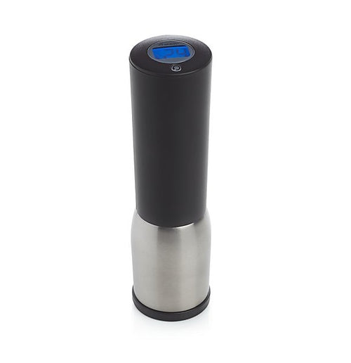 A black and silver electric corkscrew with a digital display on top.