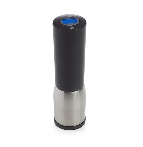 A black and silver electric corkscrew with a digital display on top.