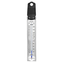 A stainless steel candy thermometer with a black pot clip and a blue protective probe guard, featuring temperature markings for cooking candy.