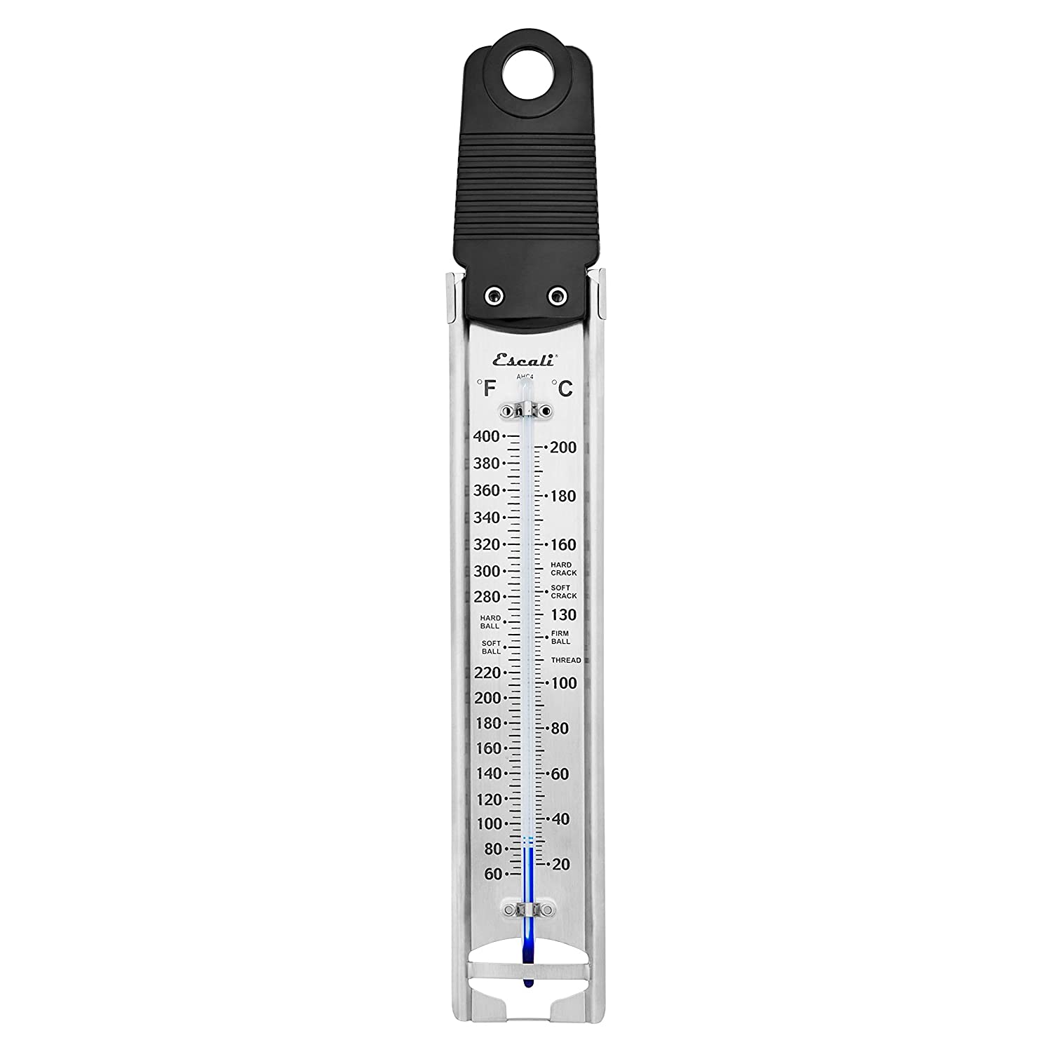 A stainless steel candy thermometer with a black pot clip and a blue protective probe guard, featuring temperature markings for cooking candy.