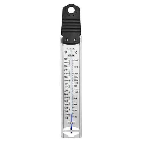 A stainless steel candy thermometer with a black pot clip and a blue protective probe guard, featuring temperature markings for cooking candy.