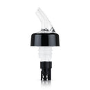A black and clear measuring pourer designed for dispensing liquids at a 45° angle, compatible with standard wine and liquor bottles.