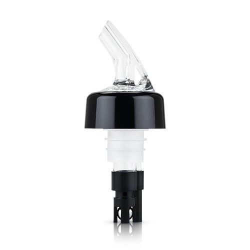 A black and clear measuring pourer designed for dispensing liquids at a 45° angle, compatible with standard wine and liquor bottles.