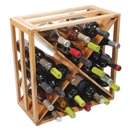 A bamboo wine rack holding up to 24 bottles, featuring a crisscross design.