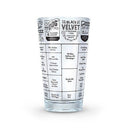 A glass with different drink recipes on it with a hangover theme on a white background.