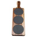 Acacia wood serving board with three slate sections, suitable for serving appetizers or cheese.