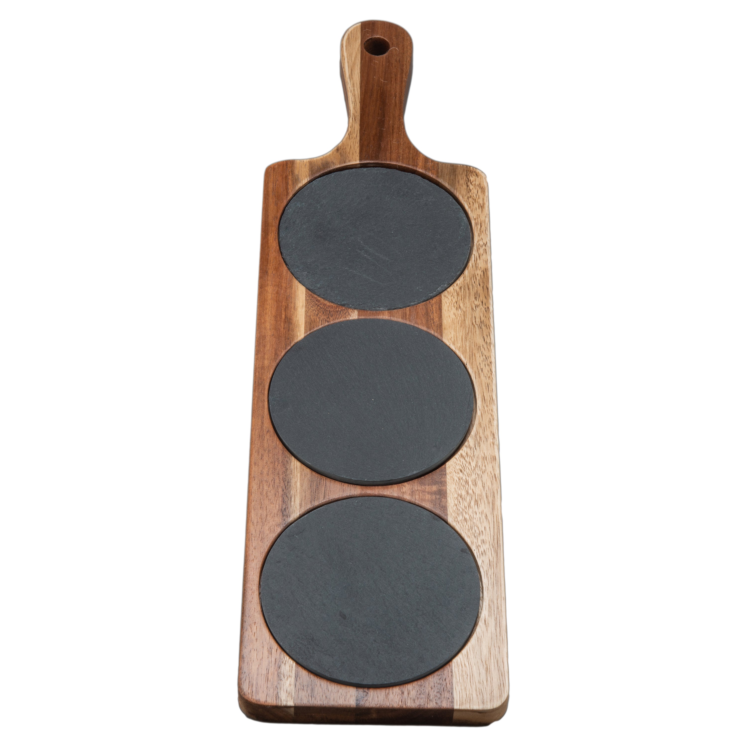 Acacia wood serving board with three slate sections, suitable for serving appetizers or cheese.