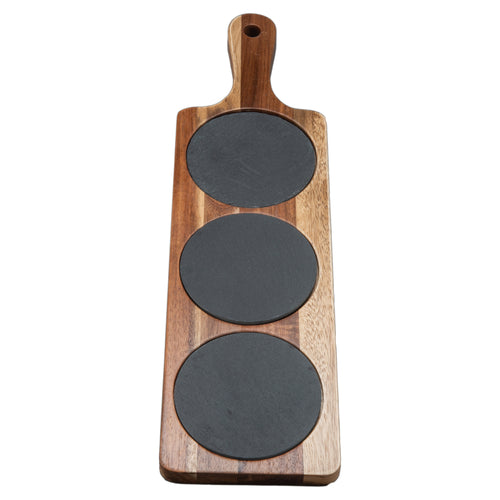 Acacia wood serving board with three slate sections, suitable for serving appetizers or cheese.