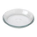 A clear glass pie plate on a white background.