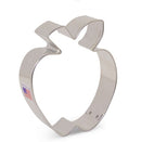 A stainless steel apple-shaped cookie cutter with a leaf detail on top.