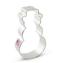A stainless steel cookie cutter in the shape of a full-body snowman, with a 'Made in America' label attached.