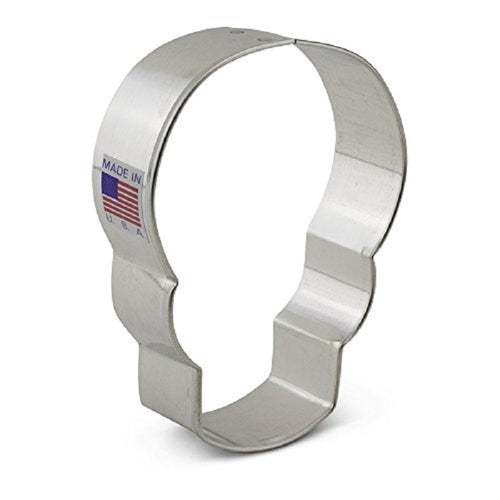 A stainless steel cookie cutter shaped like a skull, typically associated with the Day of the Dead holiday.