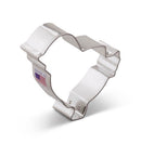 Stainless steel cookie cutter in the shape of a chicken, with a sticker that states it was made in the USA.