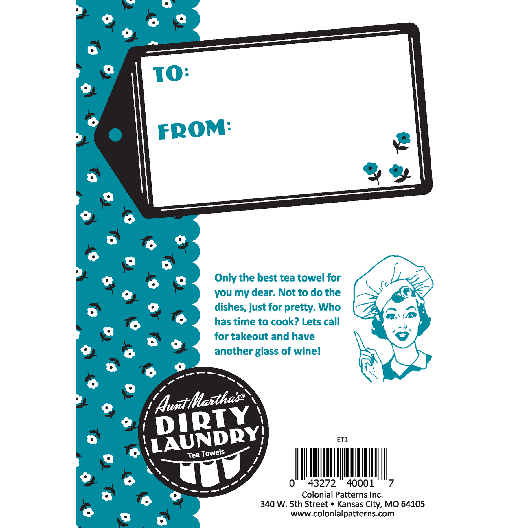 The back of a card with flowery blue border graphic and a place to write To and From.