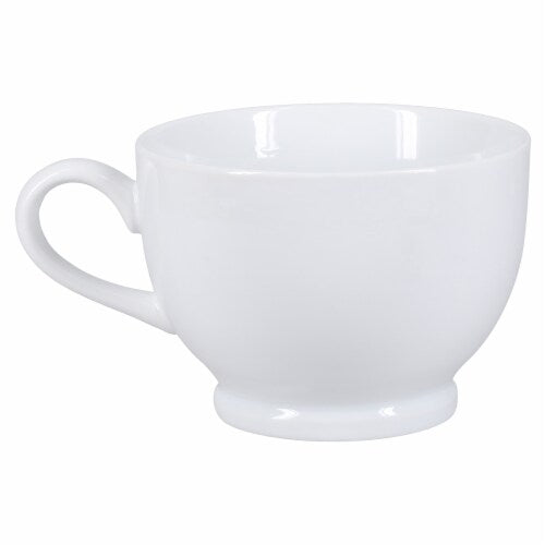 A white porcelain footed latte mug with a handle, isolated on a white background.