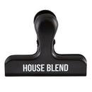 A black stainless steel coffee clip with the text 'HOUSE BLEND' printed on it.