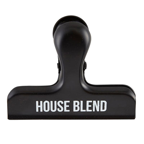 A black stainless steel coffee clip with the text 'HOUSE BLEND' printed on it.