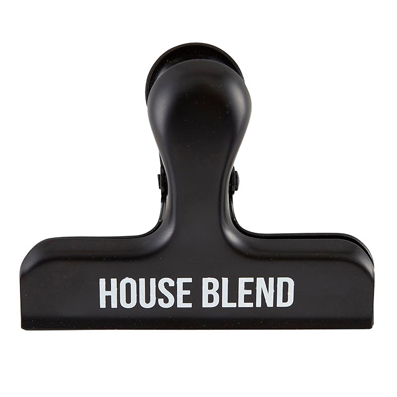 A black stainless steel coffee clip with the text 'HOUSE BLEND' printed on it.