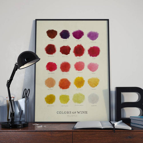 A framed poster titled 'COLORS OF WINE' displaying a series of wine glasses filled with different colored wines, mounted on a wall above a desk with a lamp and books.