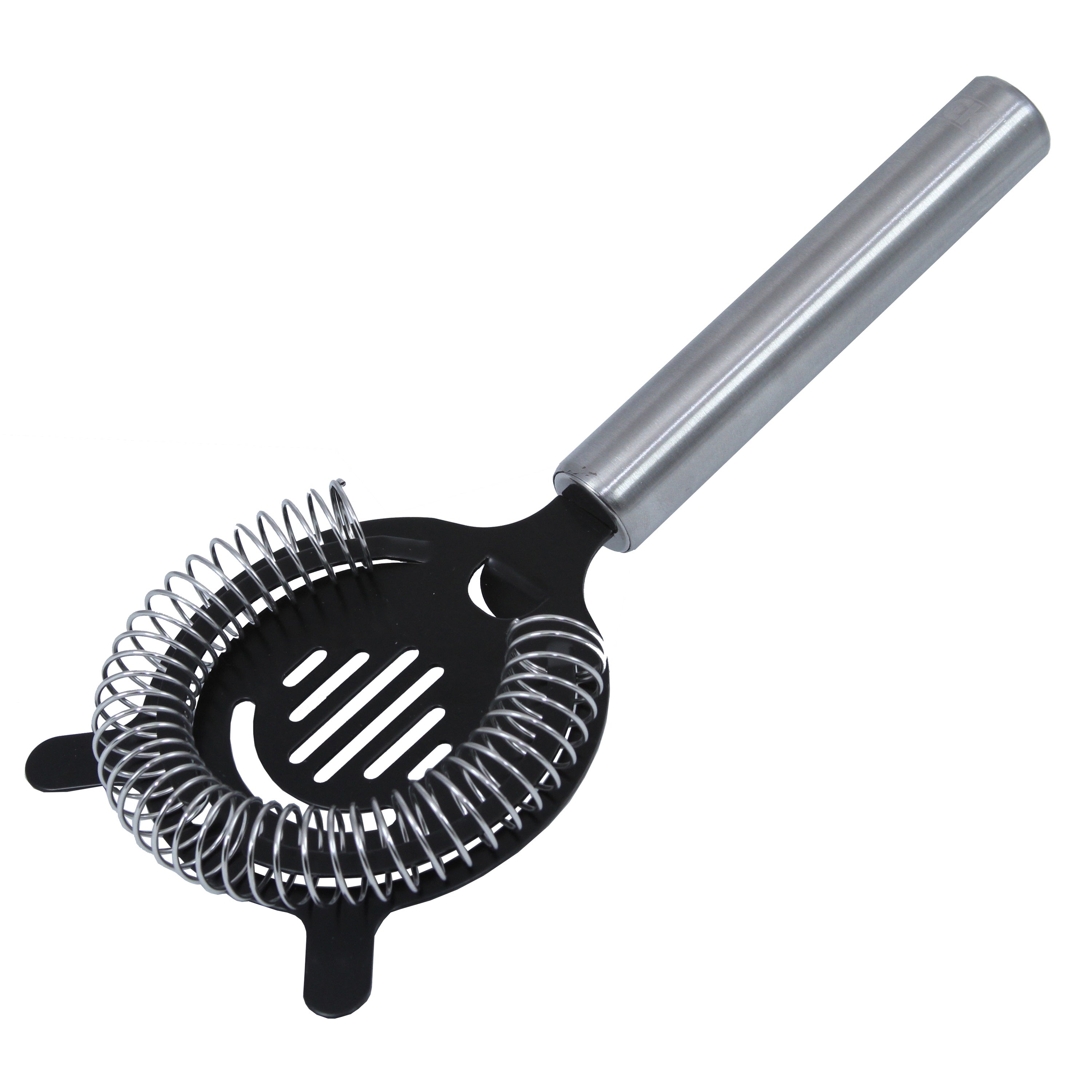 A stainless steel cocktail strainer with a black handle and a spring-loaded strainer basket.