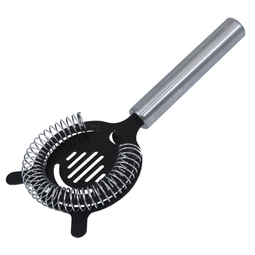 A stainless steel cocktail strainer with a black handle and a spring-loaded strainer basket.