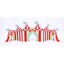A circus tent styled tablescape on a white background.