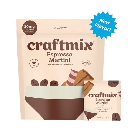 A sachet of Craftmix Espresso Martini cocktail mixer with illustrations of an espresso cup and martini glass.