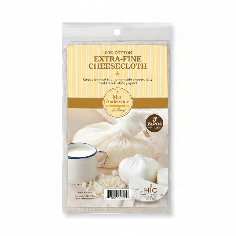 A package of Mrs. Anderson's Baking Extra-Fine Cheesecloth, predominantly white with product information and a visible product window displaying a white cheesecloth, packaged in a clear plastic bag.